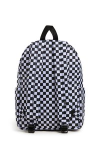 Zaino in bianco e nero a scacchi con spallacci imbottiti, maniglia superiore e tasche laterali. Realizzato in tessuto resistente con una forma strutturata.