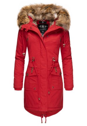 Red parka with faux fur hood trim, zippered pockets, drawstring waist, and ribbed cuffs. Made from durable fabric with a longer cut.