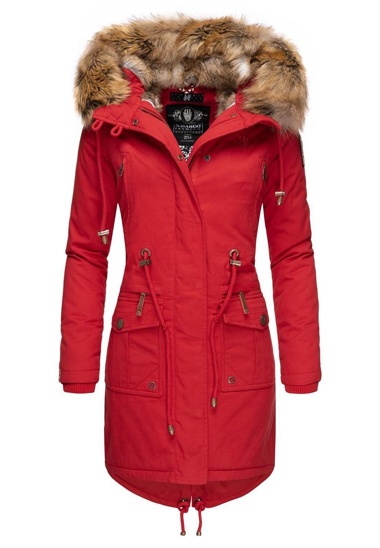 Rode parka met nepbont capuchon, ritszakken, trekkkoord in de taille en ribgebreide manchetten. Gemaakt van duurzame stof met een langere snit.