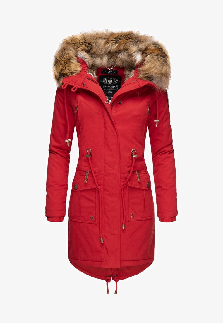 Rode parka met nepbont capuchon, ritszakken, trekkkoord in de taille en ribgebreide manchetten. Gemaakt van duurzame stof met een langere snit.