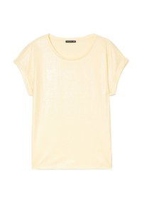 Korte mouwen gele T-shirt met een zachte, glanzende textuur en een ronde halslijn. Beschikt over opgerolde mouwen en een relaxte pasvorm. Merkenlabel: BREAL.