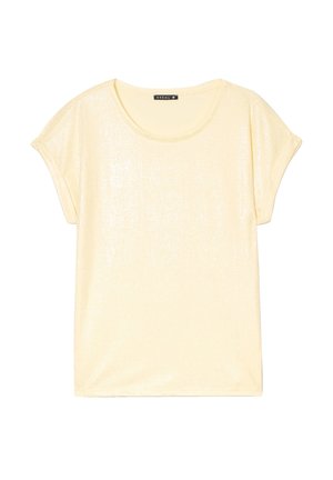 Gelbes T-Shirt mit kurzen Ärmeln, weicher, glänzender Textur und rundem Ausschnitt. Verfügt über umgeschlagene Ärmel und einen lässigen Schnitt. Markenlabel: BREAL.
