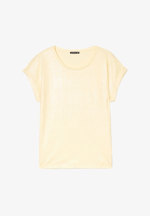 Gelbes T-Shirt mit kurzen Ärmeln, weicher, glänzender Textur und rundem Ausschnitt. Verfügt über umgeschlagene Ärmel und einen lässigen Schnitt. Markenlabel: BREAL.