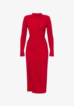 Czerwona midi sukienka z długimi rękawami, wysokim dekoltem, skręconym detalem w talii oraz rozcięciem z przodu po lewej stronie.