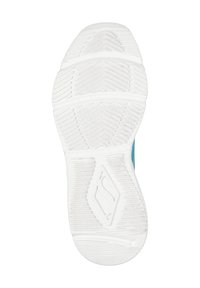 Semelle de chaussure en caoutchouc blanc avec un relief texturé pour l'adhérence. Présente un motif en diamant et des accents arrondis le long des bords.