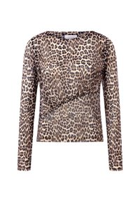 Long-sleeve top featuring a leopard print design in tan and black. Made from lightweight, textured fabric with a wrap-around front detail.