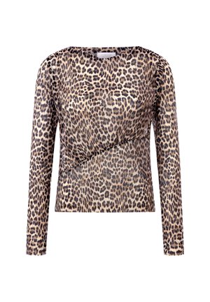 T-shirt à manches longues avec un motif léopard en beige et noir. Fabriqué à partir d'un tissu léger et texturé avec un détail enveloppant à l'avant.