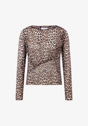 Langærmet top med et leopardprintdesign i tan og sort. Lavet af letvægts, tekstureret stof med en omslagsdetalje foran.