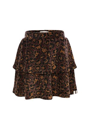 Bruin en zwart luipaardprint gelaagd rokje met brede tailleband, gemaakt van zachte fluwelen stof.