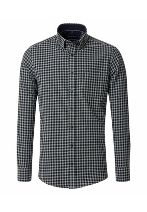 Langsleeve shirt met een marineblauw en crèmekleurig geruit patroon, knoopsluiting en een borstzak, gemaakt van ademend materiaal.