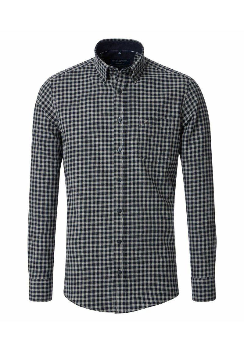 Koszula z długim rękawem w marynarskim i kremowym kratkowanym wzorze, z zapięciem na guziki i kieszenią na piersi, wykonana z oddychającego materiału.