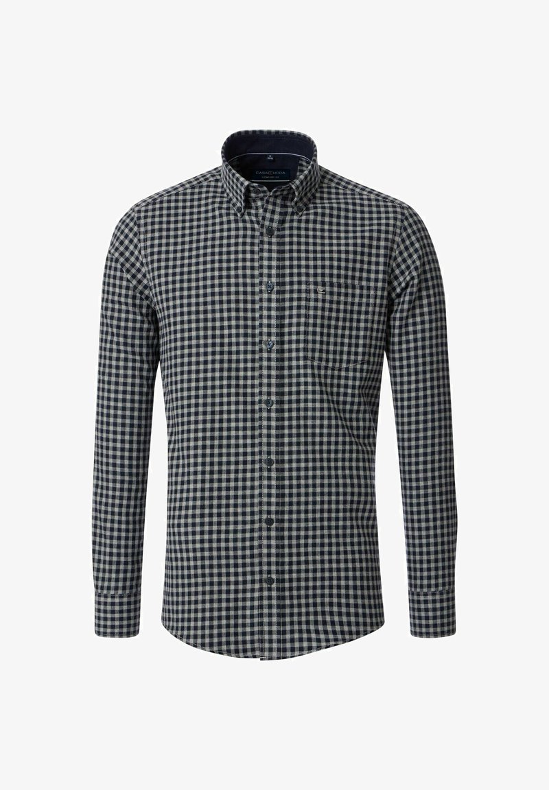 Koszula z długim rękawem w marynarskim i kremowym kratkowanym wzorze, z zapięciem na guziki i kieszenią na piersi, wykonana z oddychającego materiału.