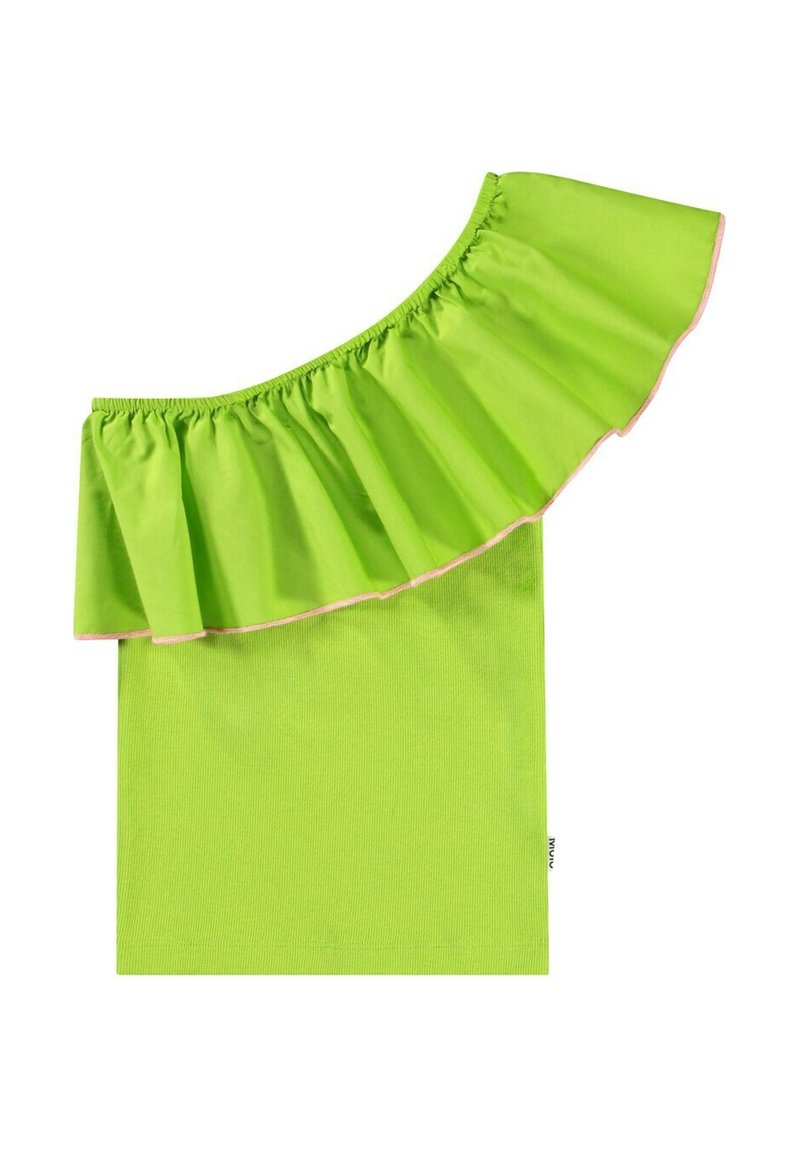 Top verde senza spalline con scollo volant e un delicato bordo rosa, realizzato in un tessuto leggero e texturizzato.