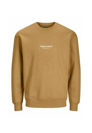 Brauner Pullover aus weichem Stoff, mit Rundhalsausschnitt und gerippten Bündchen. Auf der Vorderseite befindet sich ein weißes "Originals Studio"-Logo.