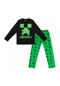 Black long-sleeve top with green Minecraft Creeper graphics; green pants with repeated black Minecraft-themed patterns. Cotton material.