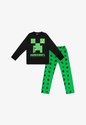 Black long-sleeve top with green Minecraft Creeper graphics; green pants with repeated black Minecraft-themed patterns. Cotton material.