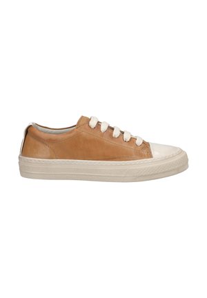 Tan leather sneaker with white rubber sole, rounded toe, and white laces; features a smooth texture and minimal design accents.