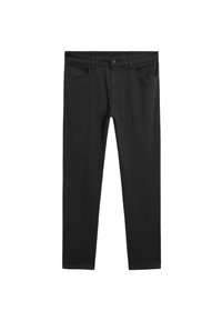 Black denim jeans with a slim fit, five-pocket design, button closure, and subtle stitching detail. Smooth texture, straight leg cut.