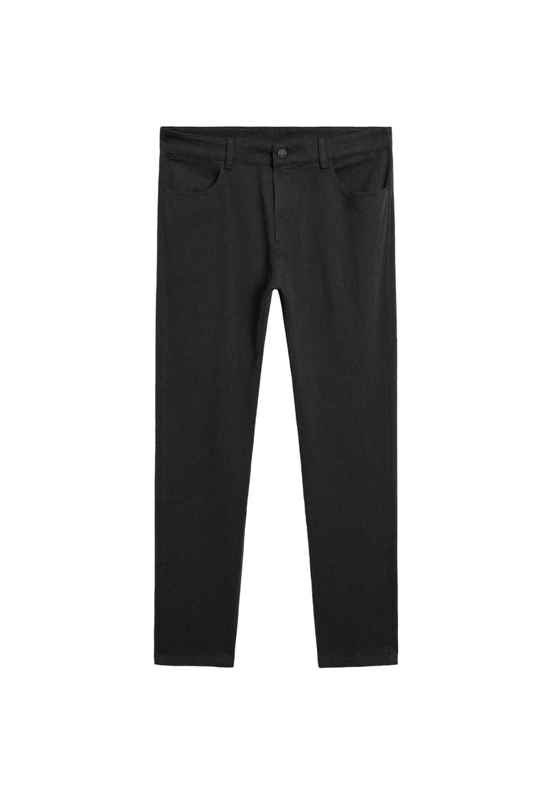 Black denim jeans with a slim fit, five-pocket design, button closure, and subtle stitching detail. Smooth texture, straight leg cut.