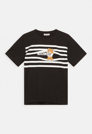 Black T-shirt with white horizontal stripes across the chest, featuring a brown teddy bear and "Moschino Toy" text.