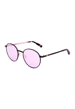 Occhiali da sole con montatura rotonda, sottili bordi neri e lenti leggermente colorate di viola chiaro, con punte delle aste rosa e nere decorate.