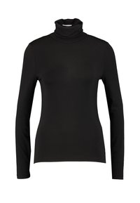 Maglietta nera a maniche lunghe con colletto a dolcevita, silhouette aderente, design semplice e colletto alto ripiegato.