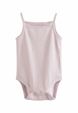 Helles rosa Baumwoll-Bodysuit mit dünnen Trägern, der ein strukturiertes Muster aus vertikalen Streifen und Rauten aufweist, sowie Druckknöpfen am unteren Ende.