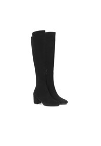 Schwarze Overknee-Stiefel aus weichem Wildleder, mit einem Blockabsatz und einem seitlichen Reißverschluss für einfaches An- und Ausziehen. Glatte Textur mit einer spitzen Zehenpartie.