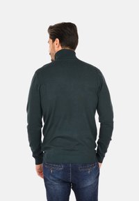 Maglione a collo alto di colore verde scuro con colletto e polsini a costine, texture a maglia, design aderente, abbinato a jeans blu, mostrato da dietro.