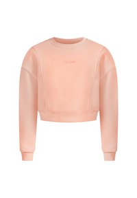 Licht perzik geknipte sweatshirt met lange mouwen, ribgebreide manchetten en een licht glanzende textuur. Heeft subtiele branding aan de voorkant.