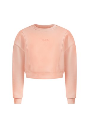 Heller Pfirsichfarbener, gekürzter Sweatshirt mit langen Ärmeln, gerippten Bündchen und einer leicht glänzenden Textur. Verfügt über dezente Markenkennzeichnung auf der Vorderseite.