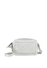 Borsa a tracolla grigia chiara con design del logo in rilievo, forma rettangolare, chiusura con zip e tracolla removibile. Texture liscia, stile minimalista.