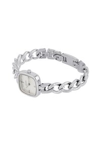 Zilveren metalen horloge met een vierkante wijzerplaat en een schakelarmband. Heeft een lichtgekleurde wijzerplaat met eenvoudige uurmarkeringen en een kroon.