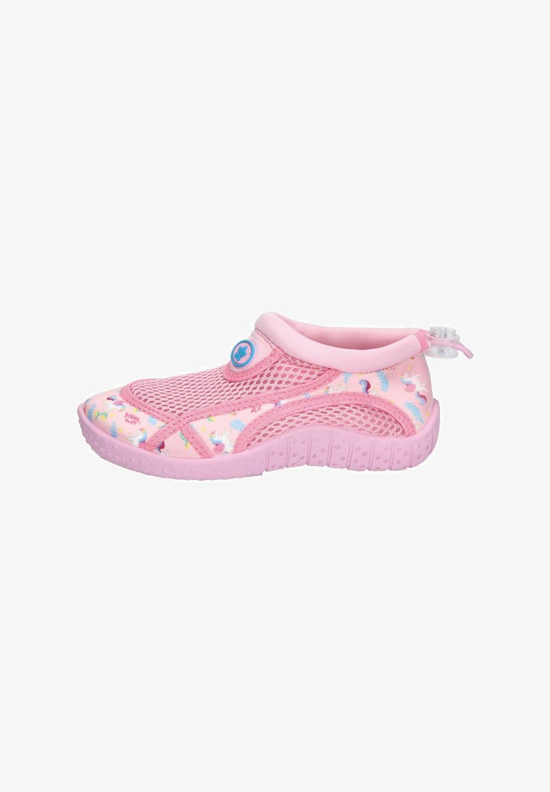 Rosa Slipper mit Mesh-Obermaterial, Einhorn-Muster, Gummisohle und einem blauen Knopf-Akzent an der Seite. Weiches und leichtes Design.