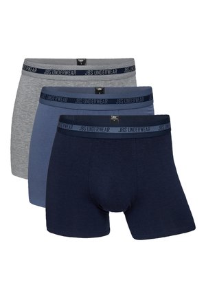 Tre par tætsiddende boxershorts i grå, blå og marine med mærkevare elastiske taljer. Blødt bomuldsstof med glatte syninger.