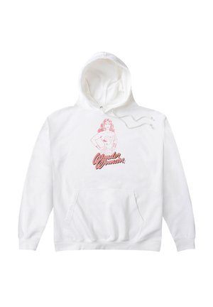 Biały hoodie z przednią kieszenią typu kangur, z kapturem na sznurki i różowym nadrukiem Wonder Woman na klatce piersiowej.