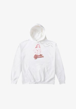 Biały hoodie z przednią kieszenią typu kangur, z kapturem na sznurki i różowym nadrukiem Wonder Woman na klatce piersiowej.