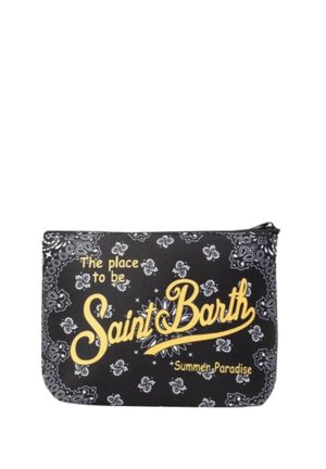 Bustina nera con zip, con motivi paisley bianchi e testo giallo che recita "The place to be Saint Barth Summer, Paradise."