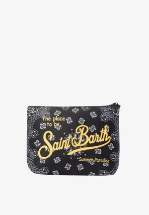 Bustina nera con zip, con motivi paisley bianchi e testo giallo che recita "The place to be Saint Barth Summer, Paradise."