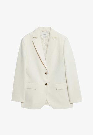 Gräddfärgad blazer i slätt tyg, med notchad krage, två knapprader och två framfickor. Minimalistisk design, skräddarsydd silhuett.