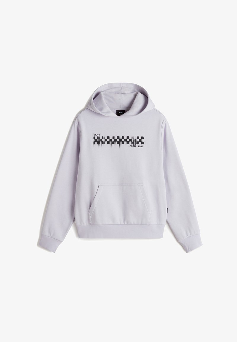 Lavendel hoodie med en frontficka, elastiska muddar och en grafisk rutdesign med "VANS EST. 1966" bokstäver.