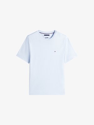 Helles blaues T-Shirt mit kurzen Ärmeln aus Baumwolle. Verfügt über einen Rundhalsausschnitt und ein kleines gesticktes Logo auf der Brust. Glatte Textur.