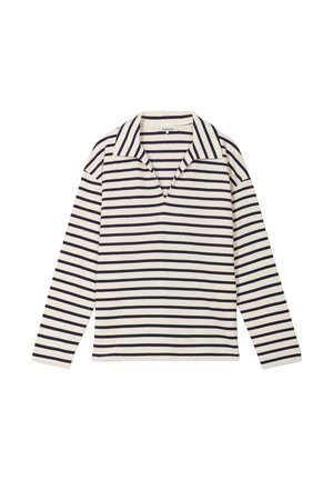 Gestreepte langemouwen shirt met een crèmekleurige achtergrond en marineblauwe horizontale strepen. Beschikt over een brede kraag en een relaxed fit.