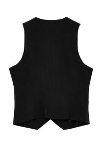 Gilet nero senza maniche con una vestibilità sartoriale, caratterizzato da una texture liscia, ventrale posteriore e cuciture che creano una silhouette pulita e strutturata.