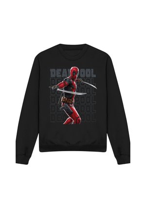 Black sweatshirt featuring Deadpool in red and black suit holding two swords, with repeated "Deadpool" text in the background.