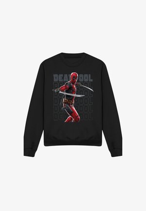 Schwarzer Sweatshirt mit Deadpool im rot-schwarzen Anzug, der zwei Schwerter hält, mit wiederholtem „Deadpool“-Schriftzug im Hintergrund.