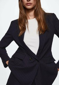 Námořnický pruhovaný blazer s těsným střihem, single knoflíkovým zapínáním, dvěma předními kapsami a podšitým interiérem, nošený přes bílý top.