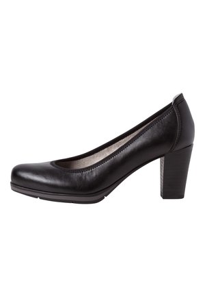 Black leather women's pump with rounded toe, low block heel, and cushioned interior lining.