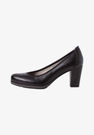 Escarpin pour femmes en cuir noir avec bout arrondi, petit talon bloc et doublure intérieure rembourrée.