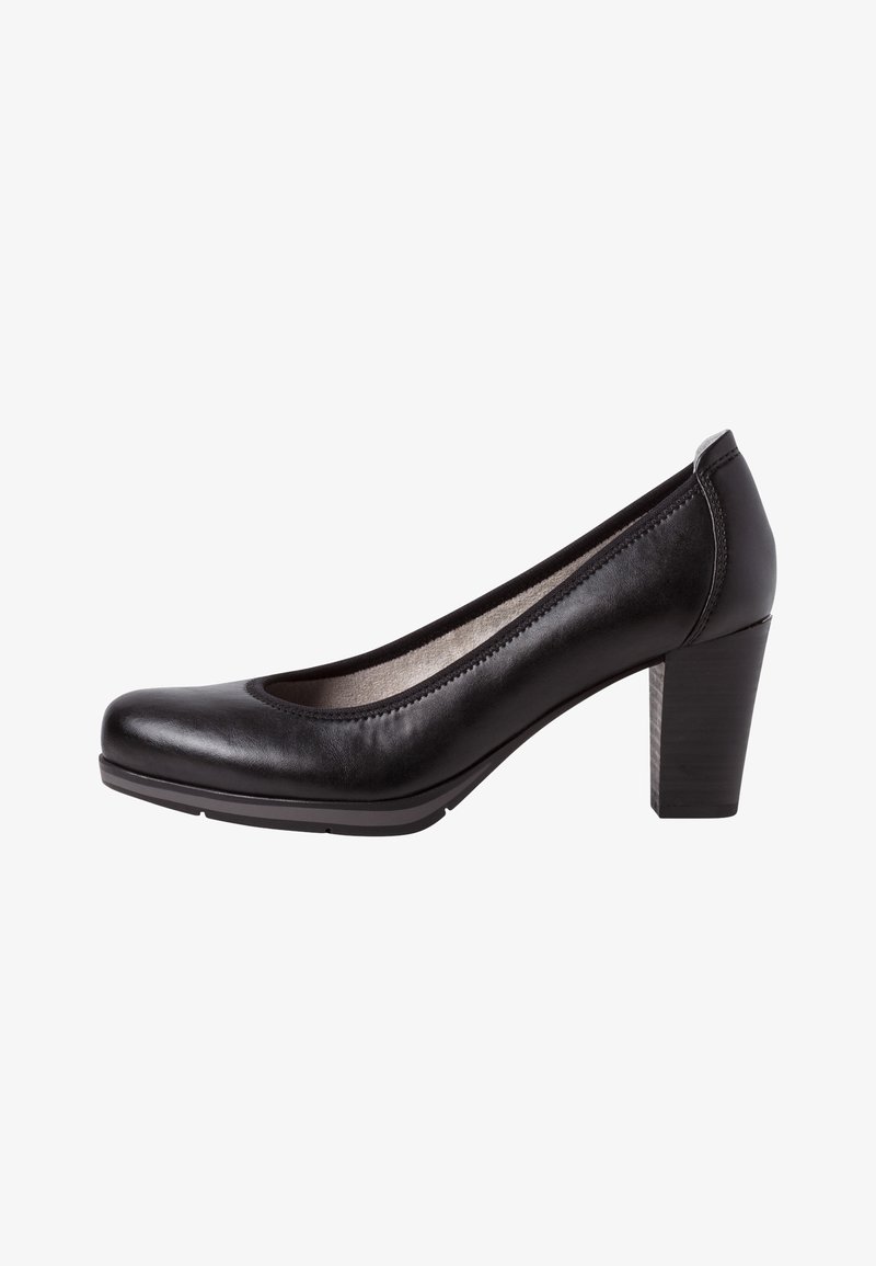 Escarpin pour femmes en cuir noir avec bout arrondi, petit talon bloc et doublure intérieure rembourrée.